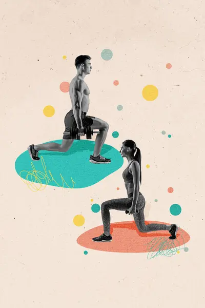 Vertikalt Kreativt Collage Ung Två Sportig Man Kvinna Gör Motion — Stockfoto