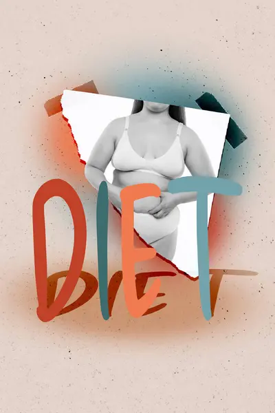 Concept Obesity Overeating Size Model Collage Illustration Start Dieting Marathon — Stock Photo, Image
