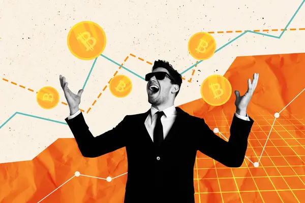 Collage Creativo Giovane Imprenditore Trader Successo Grafici Alto Reddito Bitcoin — Foto Stock