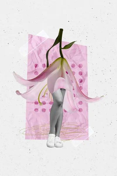 立っている若い女性の縦の風刺のコラージュのポスターはボディ足のヘッドレスばねの花の花のデッサンの背景を覆いました — ストック写真