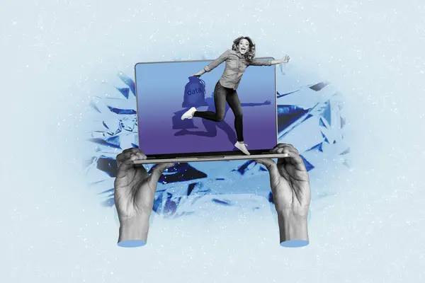 Artwork Collage Picture Black White Colors Arms Hold Laptop Screen — Stock Photo, Image
