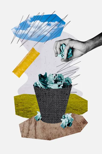 Composite Collage Image Hand Throw Away Trash Bin Papers Litter — Stock Photo, Image