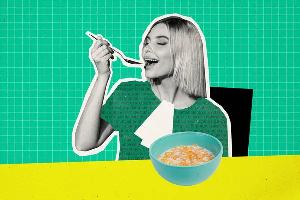 Collage Creativo Immagine Giovane Ragazza Mangiare Mattina Colazione Cibo Pasto — Foto Stock