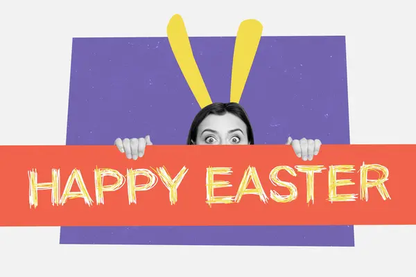 富有创意的照片拼贴年轻的躲藏女孩偷窥标志快乐的东方兔子耳朵节日祝贺明信片的背景 — 图库照片