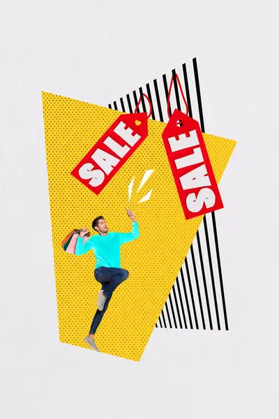 Satılık Alışveriş Konseptinin Birleşik Kolaj Resmi Komik Adamı Heyecanlandırdı Cep — Stok fotoğraf