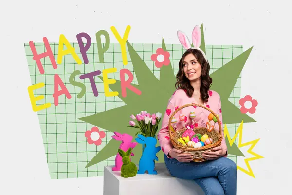 Banner Collage Lovely Charming Woman Enjoying Happy Easter Day Theme — Stock Photo, Image