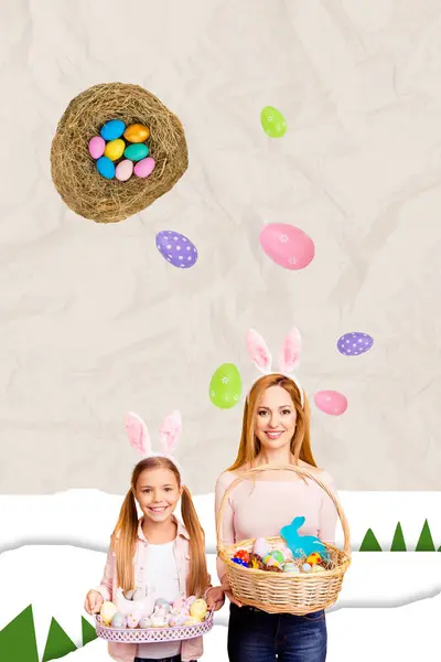 Vertical Photo Collage Joyful Smile Mother Daughter Hold Basket Easter — Stock Photo, Image