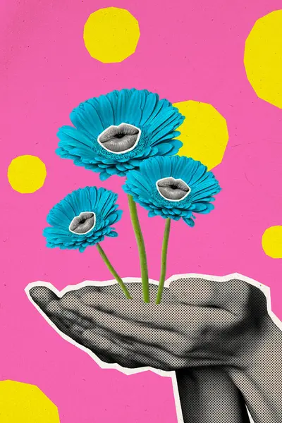 Vertical Créatif Collage Image Bras Humains Tenir Bleu Marguerite Fleur — Photo