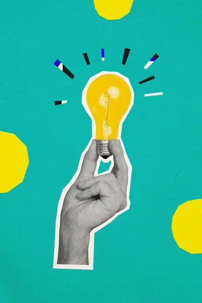 Collage image poster of human arm hold lamp bulb emitting bright light isolated on painted background.