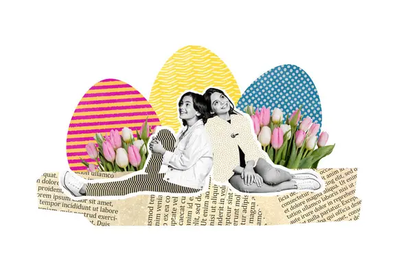 Kreative Collage Bild Junge Zwei Bestien Sitzen Träumen Sanfte Blumen — Stockfoto