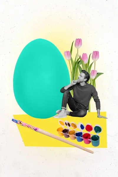 Kreatywny Pionowy Kolaż Obraz Siedzi Młody Człowiek Zdecydować Artysta Paintbrush — Zdjęcie stockowe