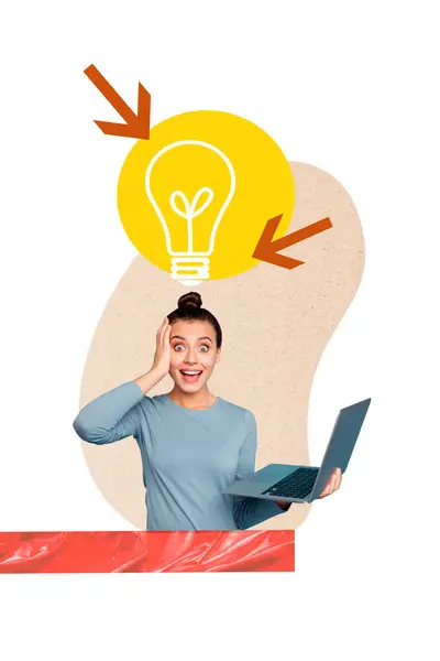 Vertical Photo Collage Young Surprised Girl Hold Macbook Light Bulb — Stock Photo, Image