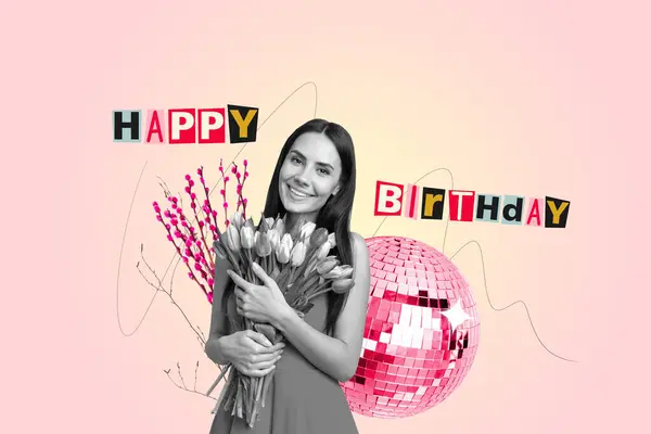 Creativo Collage Banner Joven Chica Recibir Flores Cumpleaños Fiesta Celebración —  Fotos de Stock