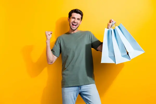 Portrait Overjoyed Guy Bristle Hold Shopping Bags Celebrate Black Friday — Stock Photo, Image