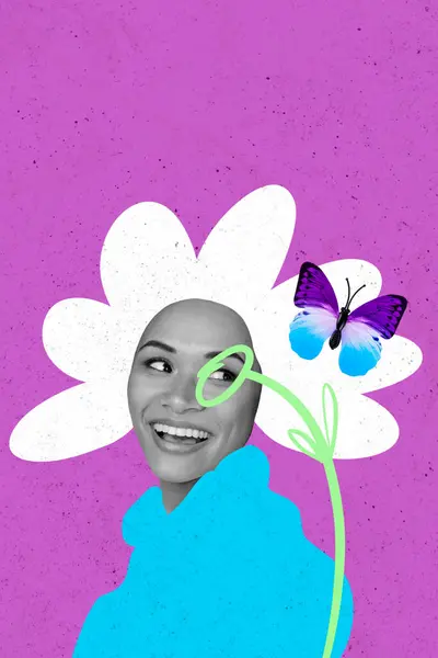 Vertikale Kreative Foto Collage Junge Lächelnde Unbeschwerte Mädchen Fliegen Schmetterling — Stockfoto