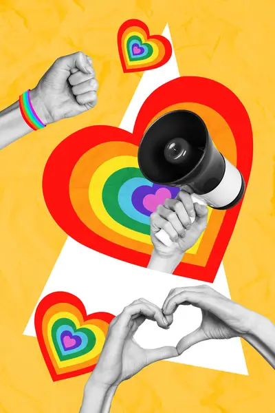 Kamerasının Dikey Görüntü Kolajı Megafon Renginde Gökkuşağı Rengi Lgbt Kalp — Stok fotoğraf