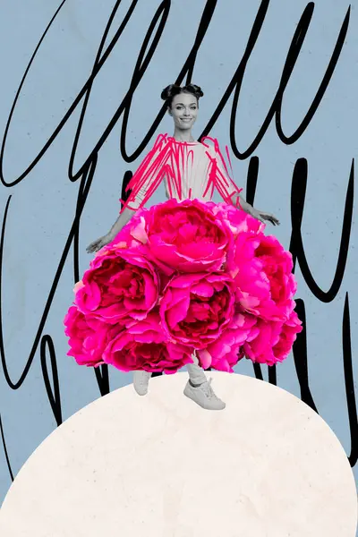 垂直创意图片拼贴年轻漂亮的步行女孩新鲜束花漂亮粉色连衣裙画图背景 — 图库照片