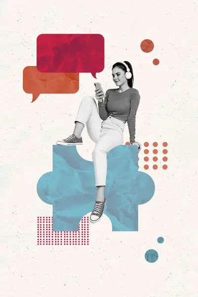 Pionowy Plakat Kolaż Siedzi Młoda Dziewczyna Smartphone App Messenger Mail — Zdjęcie stockowe