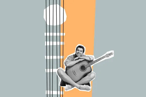 Komik Erkek Müziğinin Birleşik Kolaj Resmi Eğlenceli Gitar Çal Fantezi — Stok fotoğraf