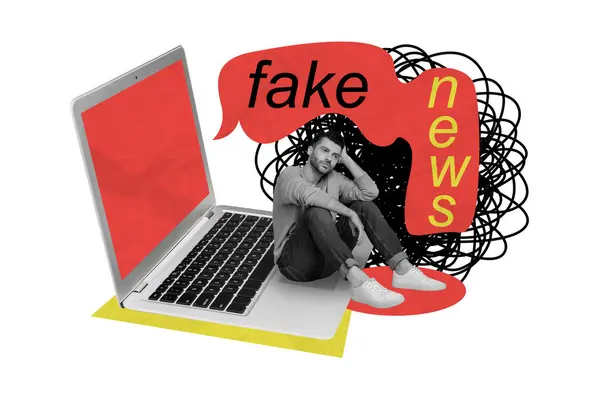 Creative Collage Picture Sitting Young Man Laptop Computer Fake News — Stock Photo, Image