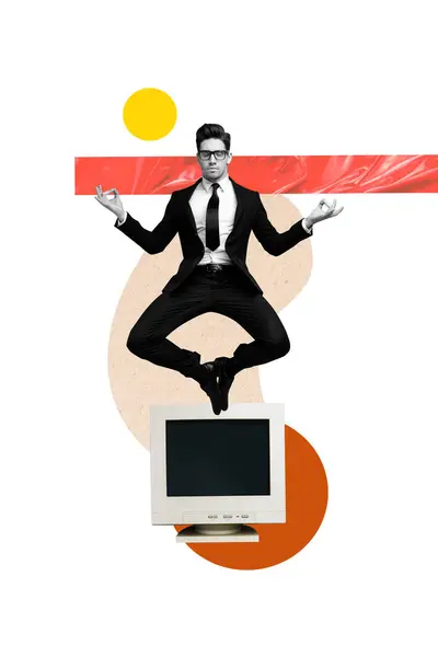 Vertikal Kreativ Collage Affisch Levitating Ung Affärsman Enhet Digital Monitor — Stockfoto
