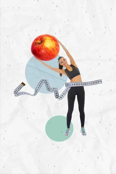 Verticale Foto Collage Van Meisje Doen Oefening Tilt Fitness Meter — Stockfoto