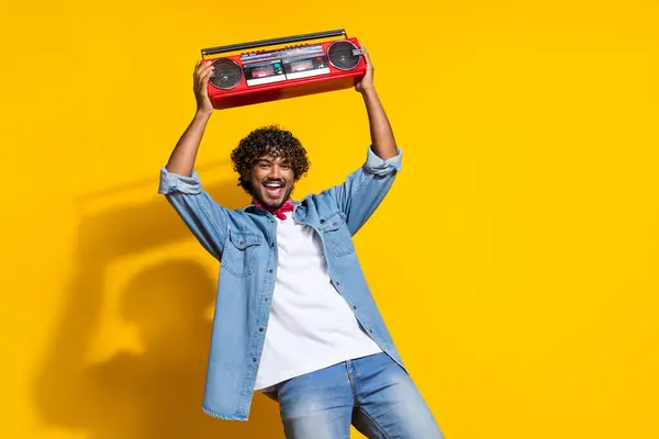 Photo Portrait Attractive Young Man Hold Raise Excited Boombox Wear — Stock Photo, Image
