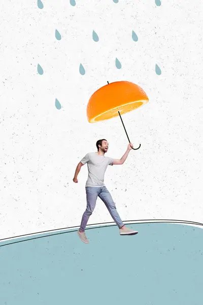 Trend artwork sketch image composite 3D photo collage of young guy walk outdoors while rain drops fall down hold orange umbrella in hand.