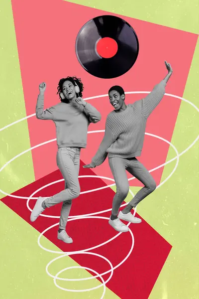 Collage Créatif Vertical Image Deux Femmes Heureuses Dansant Amusent Fête — Photo
