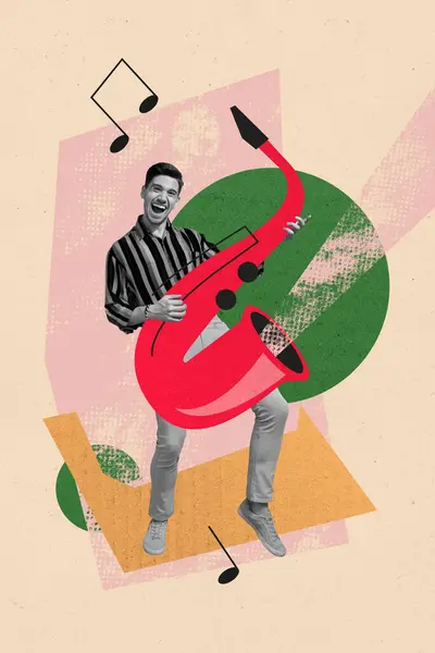 Vertikal Collage Bild Ung Glad Man Stående Akustisk Saxofon Musikinstrument — Stockfoto