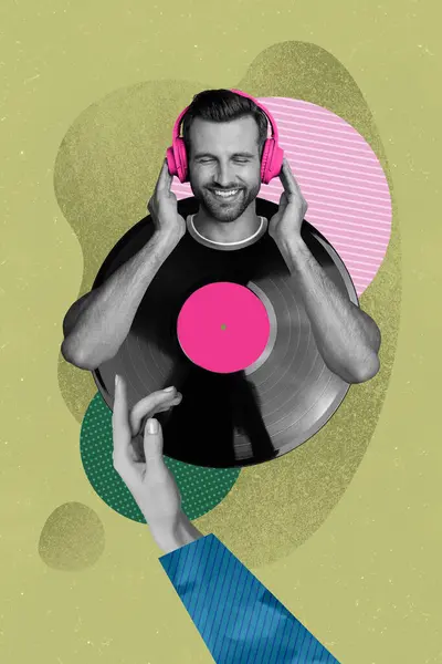 Kolaż Grafika Obraz Szczęśliwy Uśmiechnięty Człowiek Słuchanie Muzyki Playlista Melodia — Zdjęcie stockowe
