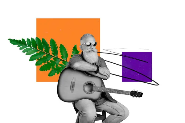 创意图片拼贴老年人吉他手演奏家声乐乐器绿叶环境绘图背景 — 图库照片