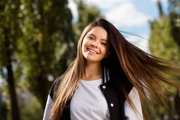Portrait Cheerful Nice Positive Girl Fluttering Air Hairdo Wear School — Stock Photo, Image