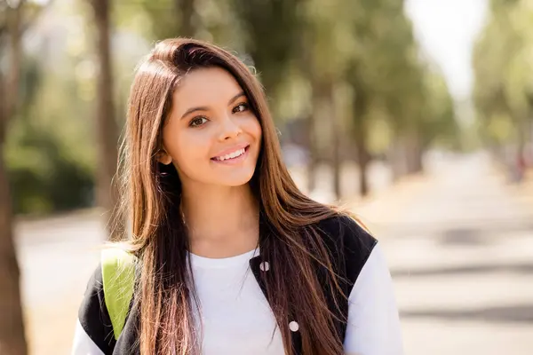 Portrait Toothy Beaming Pleasant Girl Brunette Hairstyle Wear Stylish Uniform — Stock Photo, Image
