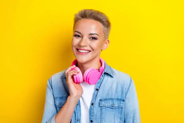 Photo Portrait Lovely Young Lady Touch Headphones Listen Music Wear — Stock Photo, Image