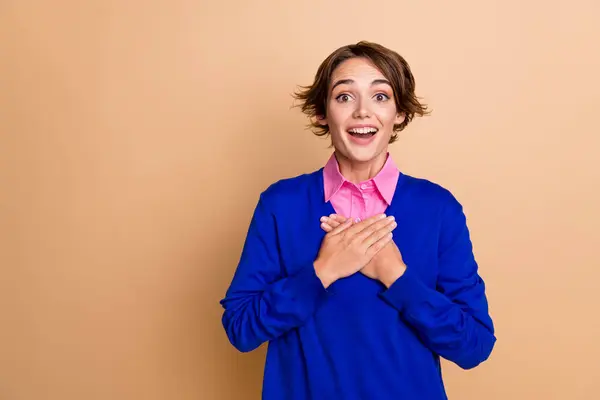 Photo Impressed Funny Woman Wear Blue Pullover Arms Chest Empty — Stock Photo, Image