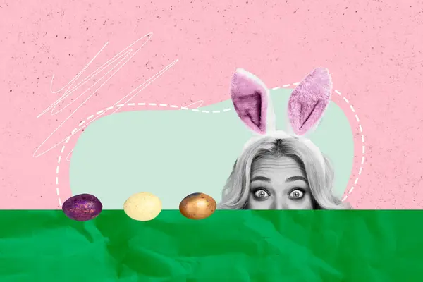 Creative Photo Collage Young Girl Look Peek Hide Spy Rabbit — Stock Photo, Image