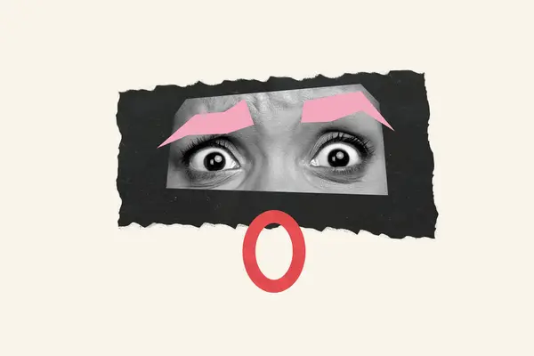 Kompozitní Foto Koláž Část Dívky Tvář Růžové Obočí Oči Strach — Stock fotografie