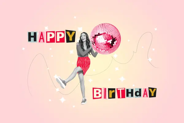 Photo Collage Young Funny Woman Congratulations Celebrate Happy Birthday Holding — Stock Photo, Image