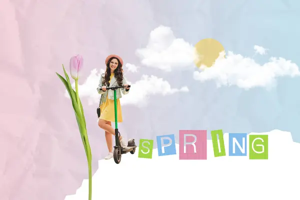 Creativo Astratto Modello Collage Cute Girl Ride Scooter Primavera Internazionale — Foto Stock