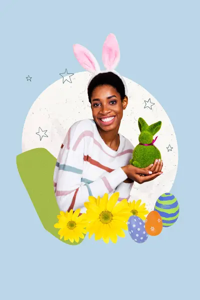 Collage Image Sketch Cute Girl Hold Rabbit Bush Celebrate Easter — Stock Photo, Image
