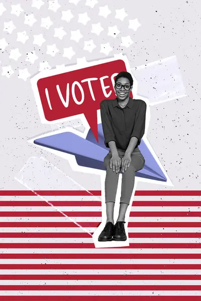 Vertical Foto Colagem Menina Americana Sentar Papel Plano Inscrição Eleitor — Fotografia de Stock