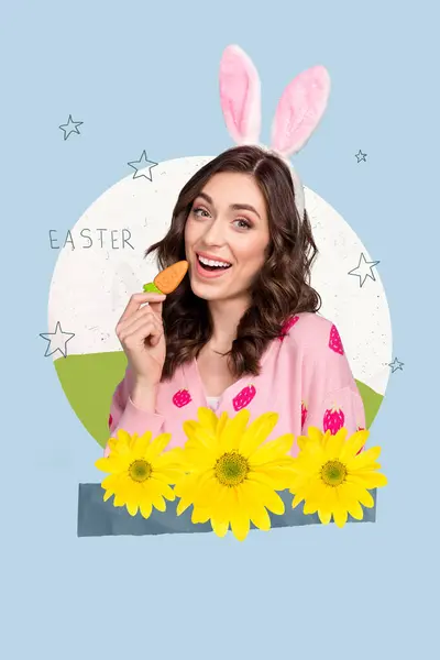 Vertical Creative Collage Image Cute Female Eating Carrot Celebrate Easter — Stock Photo, Image