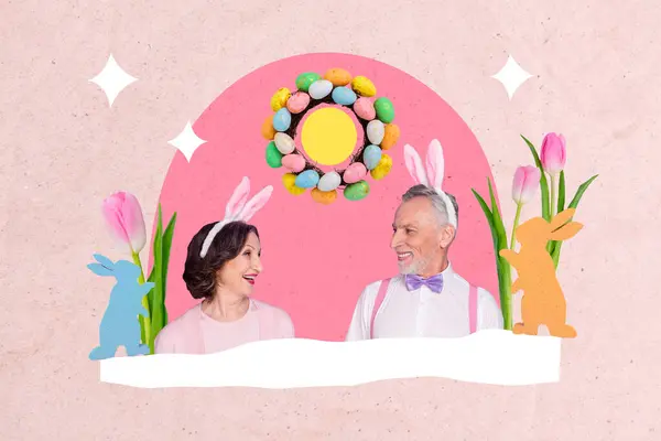 Creativo Poster Collage Carino Vecchio Matrimonio Coppia Amore Celebrare Pasqua — Foto Stock