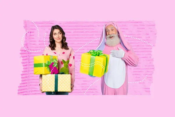 Collage Retro Sketch Touched Old Man Bunny Costume Receive Gift — Stock Photo, Image