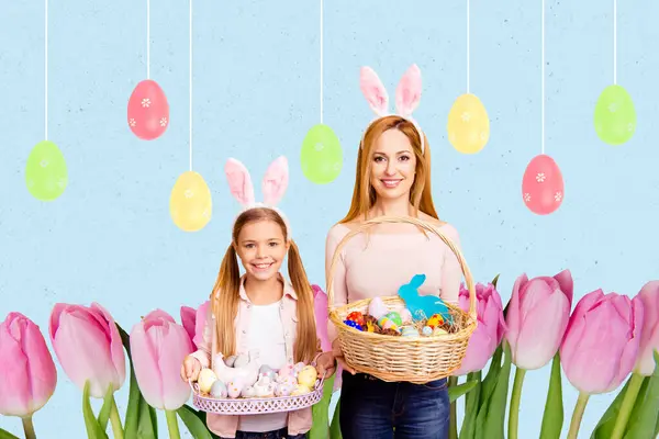 かわいい家族の娘のコンポジットコラージュ画像 卵のバスケットはイースター招待状を祝います ポストカード奇妙な奇妙な奇妙な奇妙な奇妙な異常 — ストック写真