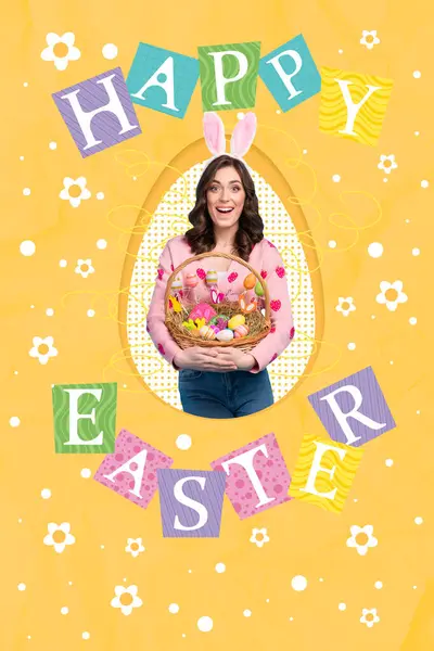 Creative Drawing Collage Picture Cute Female Hold Basket Celebrate Easter — Stock Photo, Image
