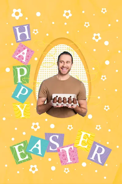 Creative Artwork Template Collage Young Man Hold Dozen Eggs Celebrate — Stock Photo, Image