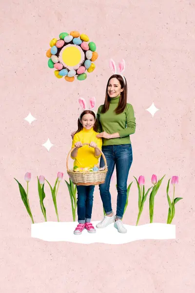 Collage Image Sketch Cute Mom Daughter Hold Basket Celebrate Easter — Stock Photo, Image