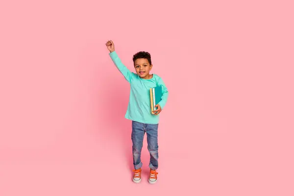 Full Size Photo Charming Small Boy Raise Fist Superhero Hold — Stock Photo, Image